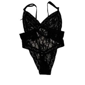 Kathy of Ireland vintage nylon lace thong bodysuit 5 S black teddy